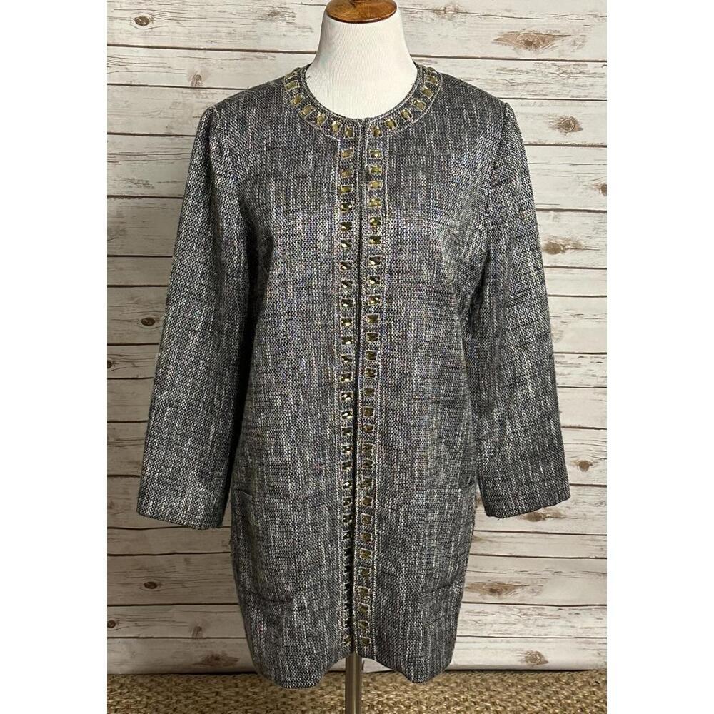 Chico's corpcore grey/black/white metallic tweed open front overcoat Size 2
